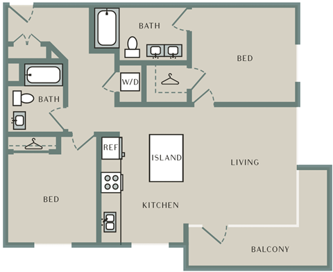 Floor plan for 2 beds, 2 baths, 1147 sqft